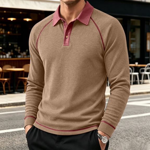 Mens Long Sleeve Polo Shirts Fashion Casual Raglan Button Polo Tee Collared Golf Shirt, 2XL