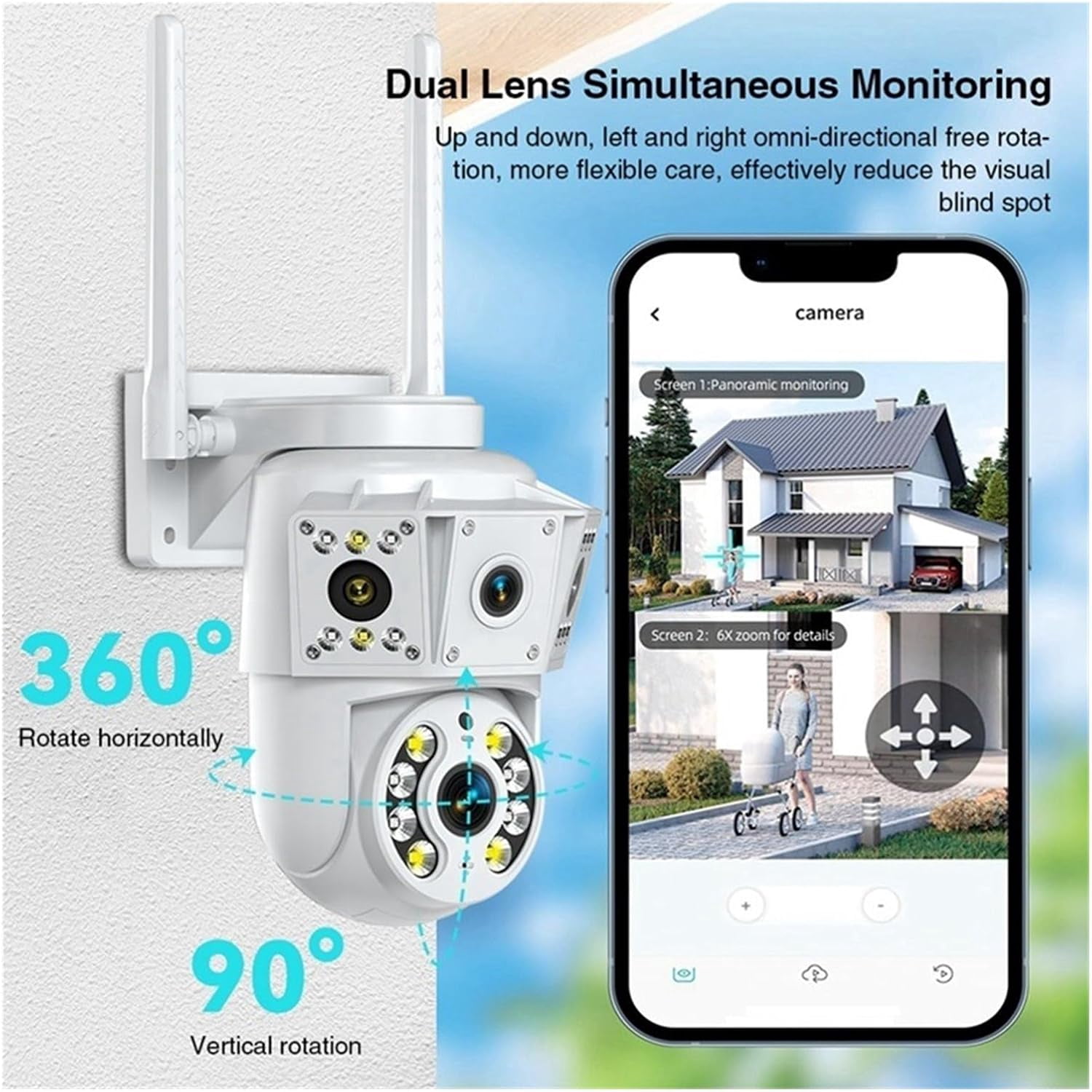 1080P WiFi Camera Outdoor Multi Lens Surveillance Camera, Two Way Intercom Night Vision Baby Monitor