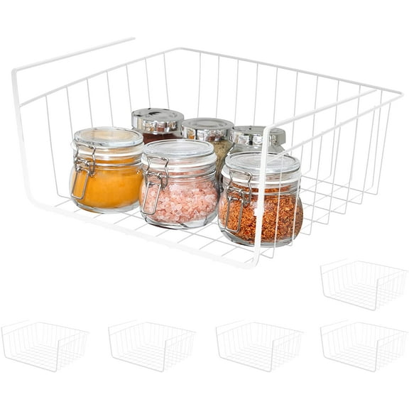 Smart Design Undershelf Storage Basket - Set of 6 - Small - Snug Fit Arms - Steel Metal Wire Frame - Rust Resistant - Cabinet, Pantry, Shelf Organizer Rack - Kitchen & Bathroom - 12 x 5.5 Inch - White