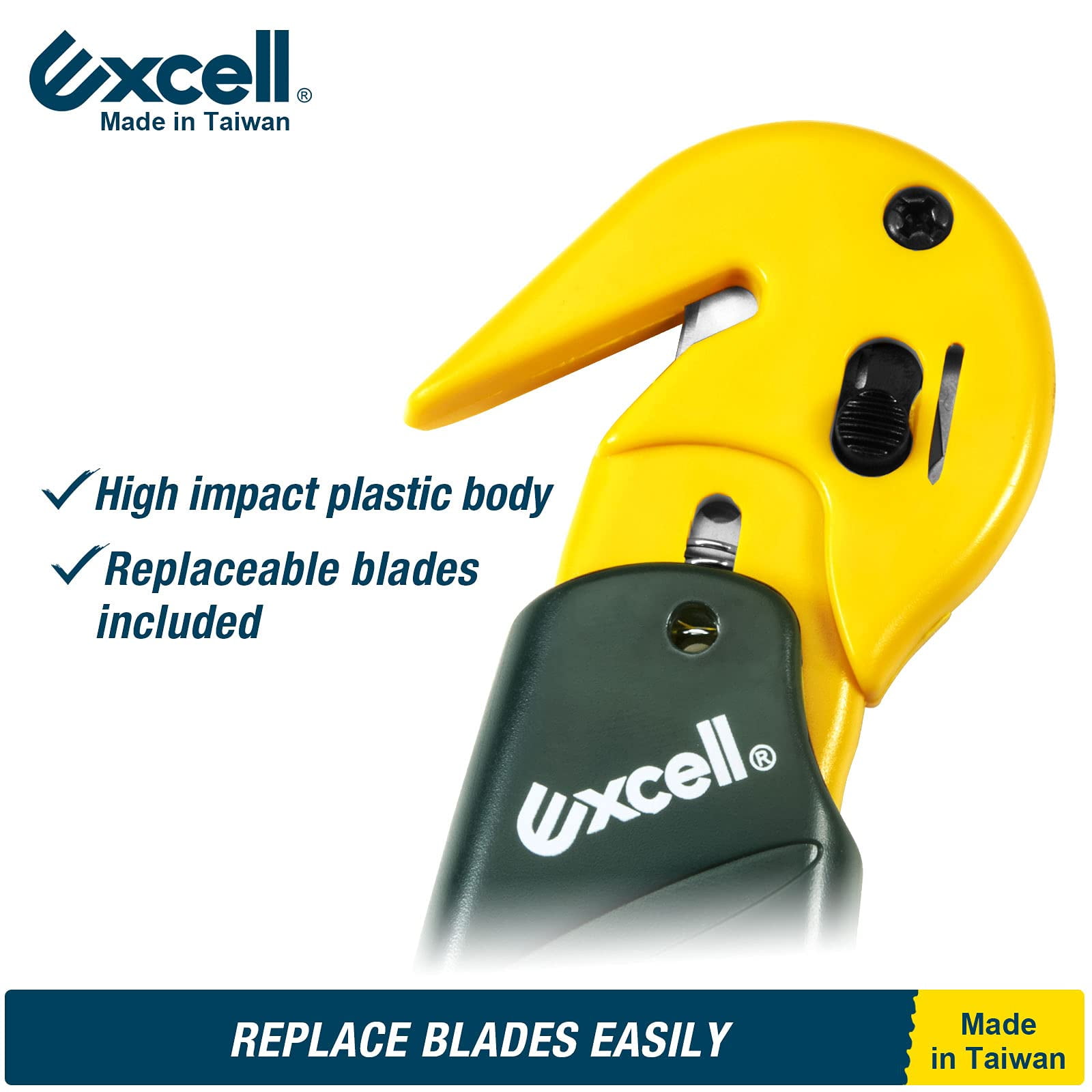 Excell Stretch Film Cutter with Carton Opener, Ergonomic Film Cutting Blade Safe and Efficient Cutting for Cryovac, Plastic Bags, Shrink Wrap, Box, Straps (W/Carton Opener)