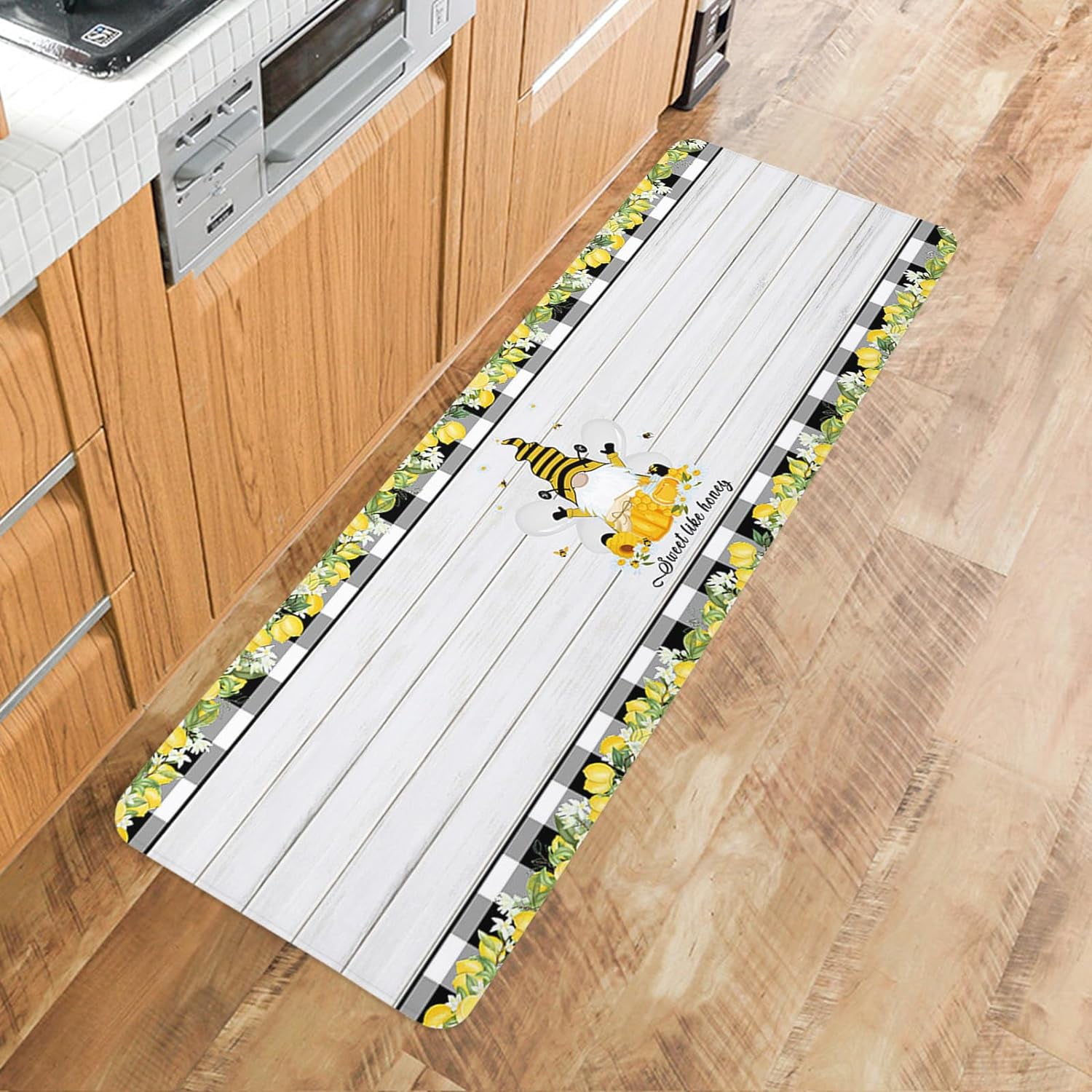Farm Gnome and Lemons Kitchen Floor Mats, Retro Wood Plank 2 PCS Anti Fatigue Area Runner Rugs Set Yellow Fruits Non-Slip Bathroom Comfort Standing Mat Home Decor