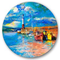 Designart 'Lighthouse By The Shore In Evening Glow ' Nautical & Coastal Circle Metal Wall Art 29x29 - Disc of 29