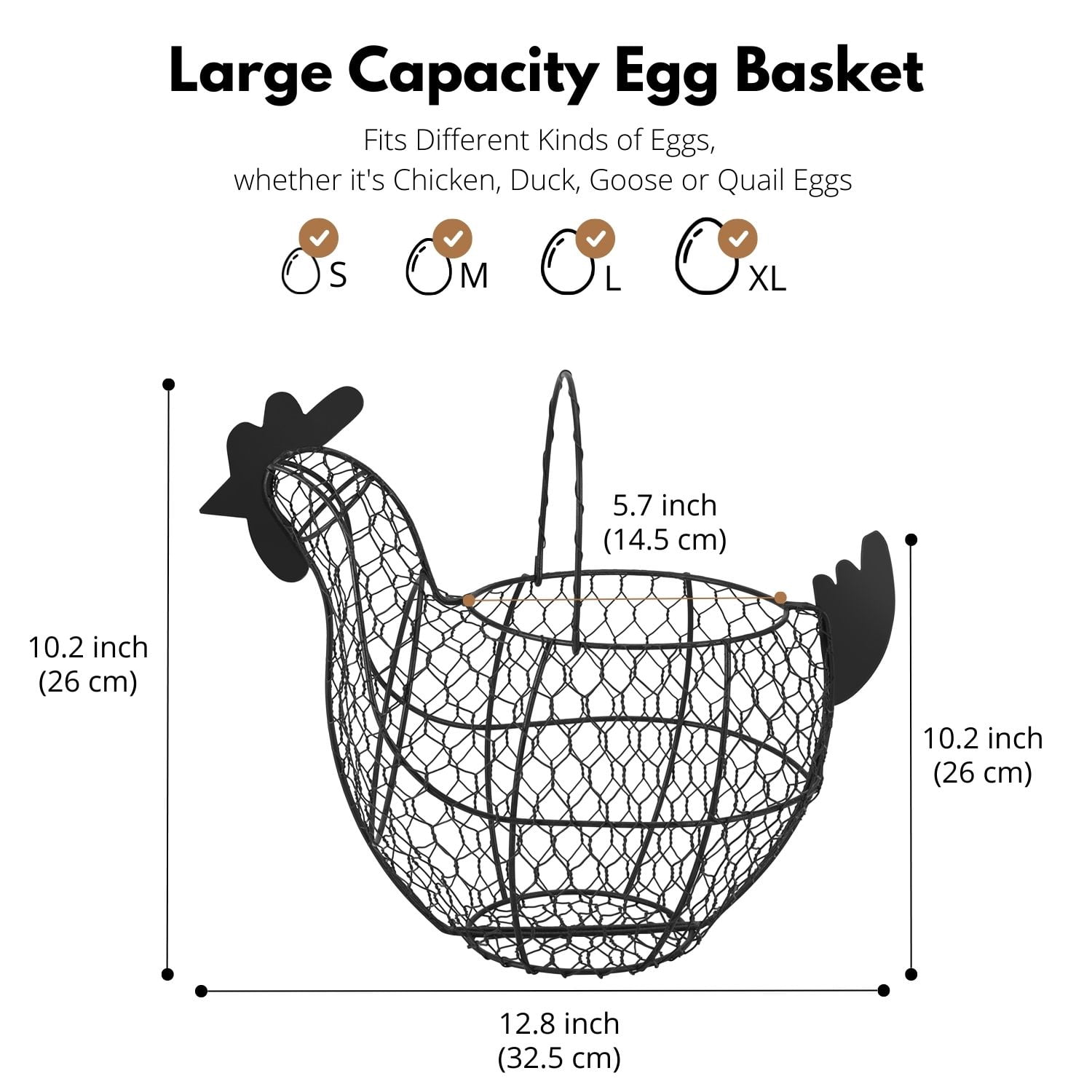 Chicken Egg Basket, Egg Storage Holder with Handle for Eggs, Fruits, Vegetables, Metal Wire Mesh Chicken Decor for Kitchen Table Countertop, Farmhouse Rustic Style, Brown