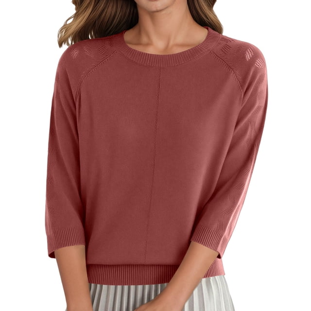 Krdevn Chandail Décontracté pour Femmes en Tricot Uni, Col Rond, Manches Trois-Quarts, Doux, Confortable, Léger, Taille : m