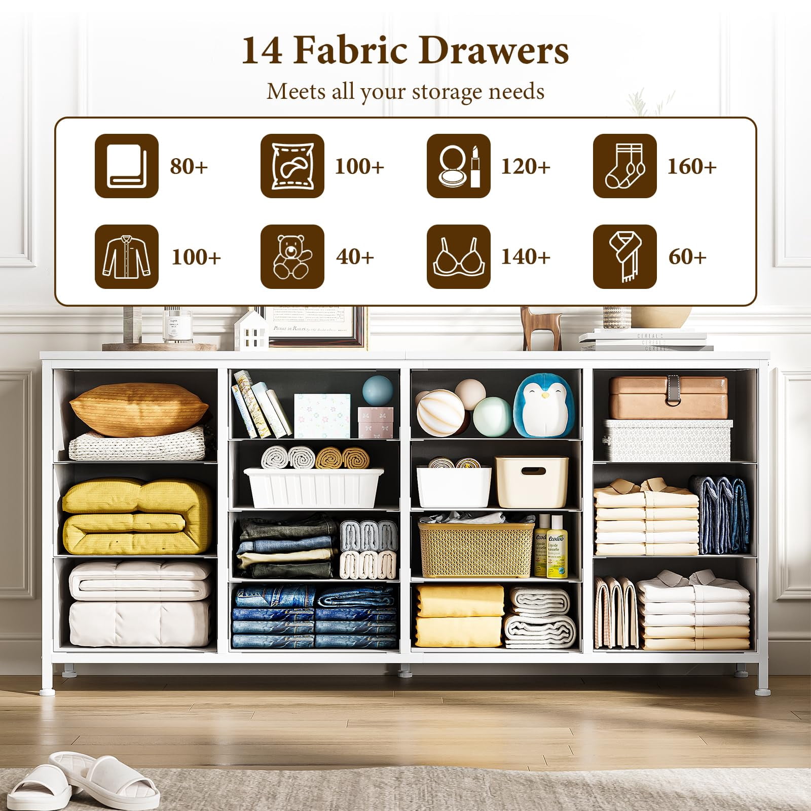 Dresser TV Stand with Charging Station for 65 70 75 Inch TV Stand for Bedroom with 14 Drawers Long Dresser for Bedroom Entertainment Center with Storage Fabric Dresser for Living Room
