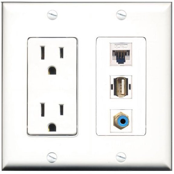 RiteAV - 15 Amp Power Outlet 1 Port RCA Blue 1 Port USB A-A 1 Port Cat5e Ethernet White Decorative Wall Plate