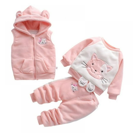 

Three Pieces Toddler Baby Girls Cartoon Fleece Sweatshirt Set Fleece Hooded Vest +Long Sleeves Tops +Long Pants Children Outfits