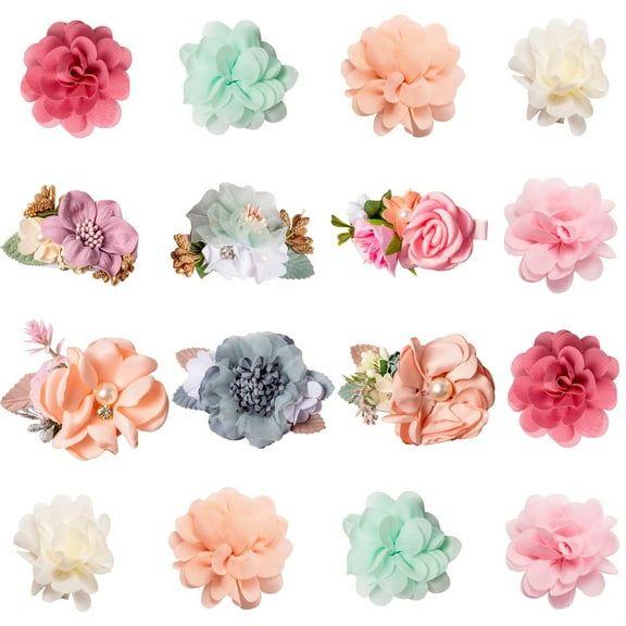 Grobro7 Artificial Flower Hair Clips for Adults & Kids, Colourful Flower Hair Clips for Straight Curly Hair for Party Favours Gifts, 16 Pieces