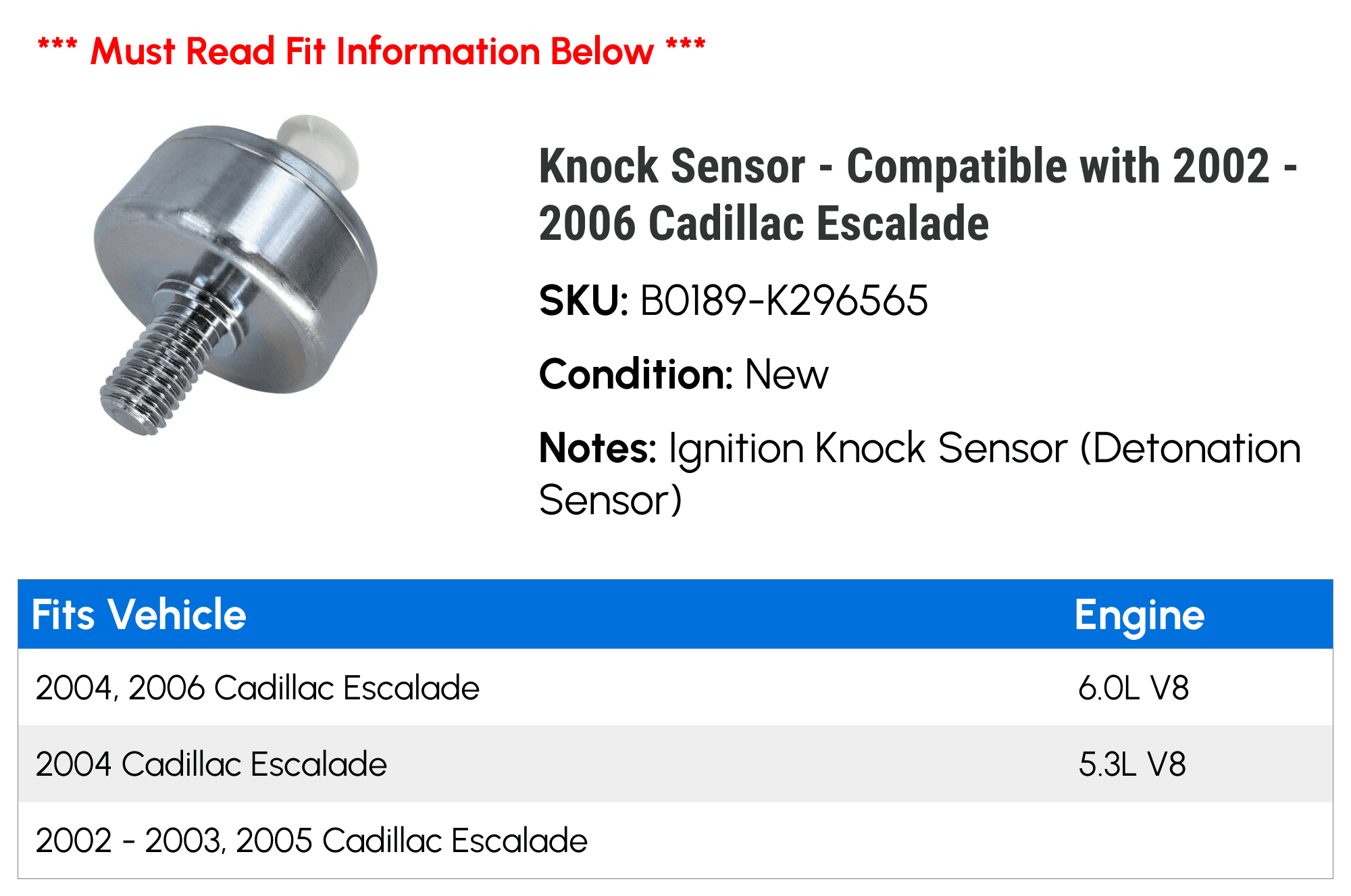 Knock Sensor - Compatible with 2002 - 2006 Cadillac Escalade 2003 2004 2005