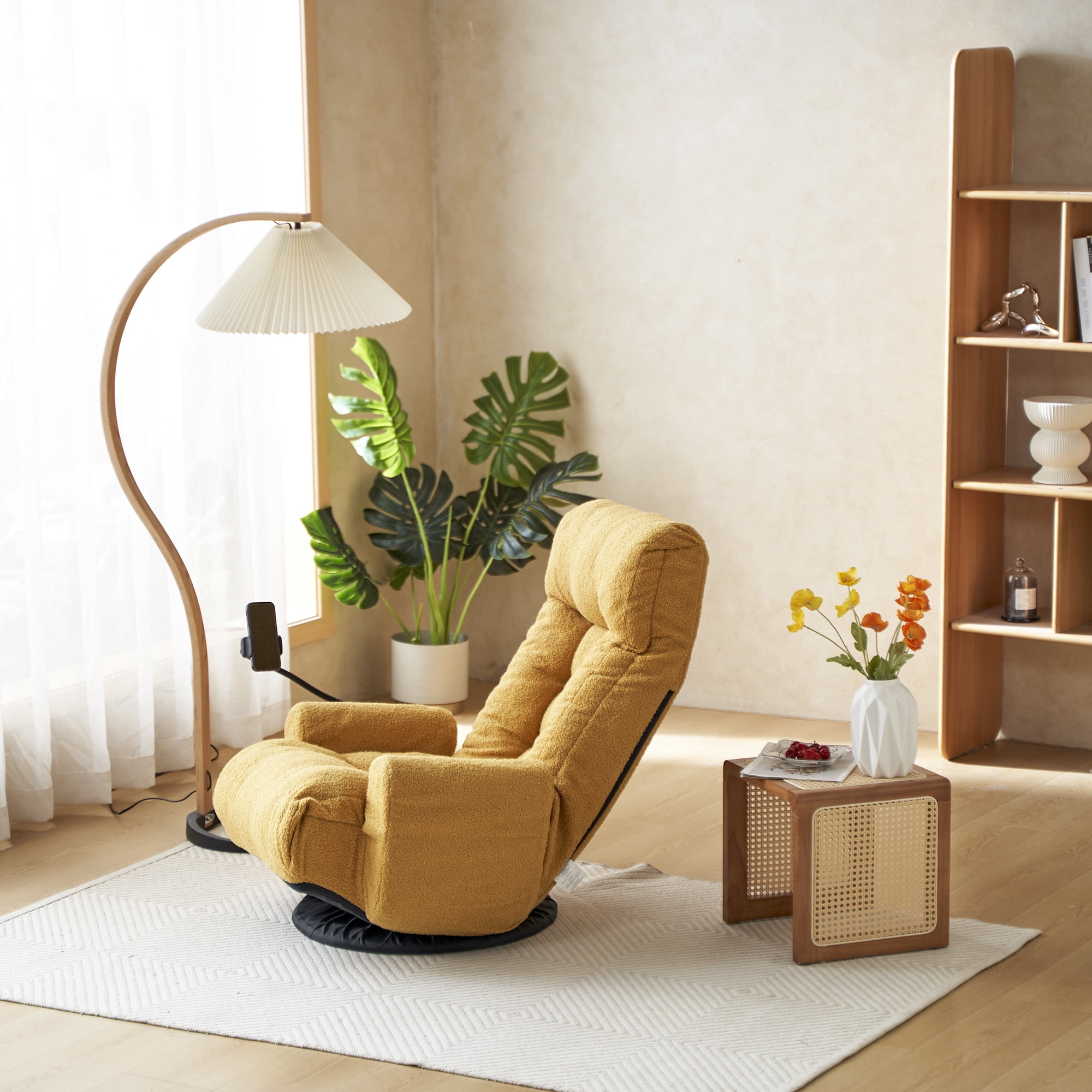 Reclining Chair, Floor Chair, Adjustable Lounge Chair with 5-Position Backrest, Built-in Spring Seat and 360-Degree Swivel Base, Foldable Design, Yellow