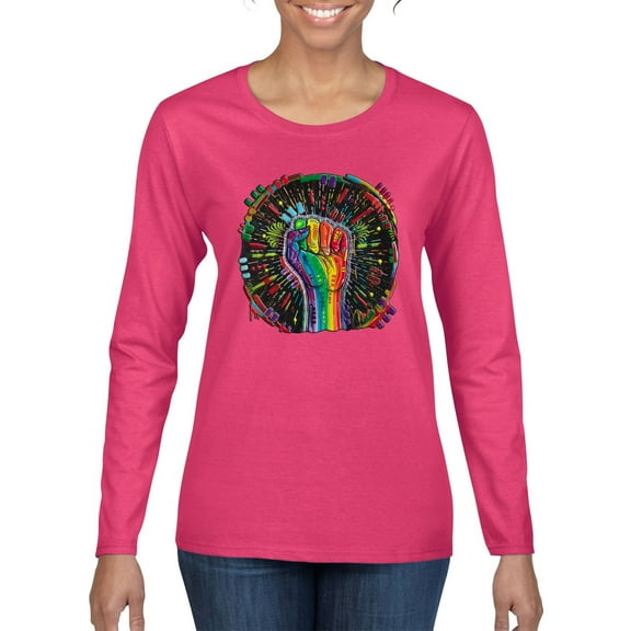 Wild Bobby The Power of Unity Colorful Fist Puff Print Fashion Womens Graphic Long Sleeve Tee, Fuschia, Medium