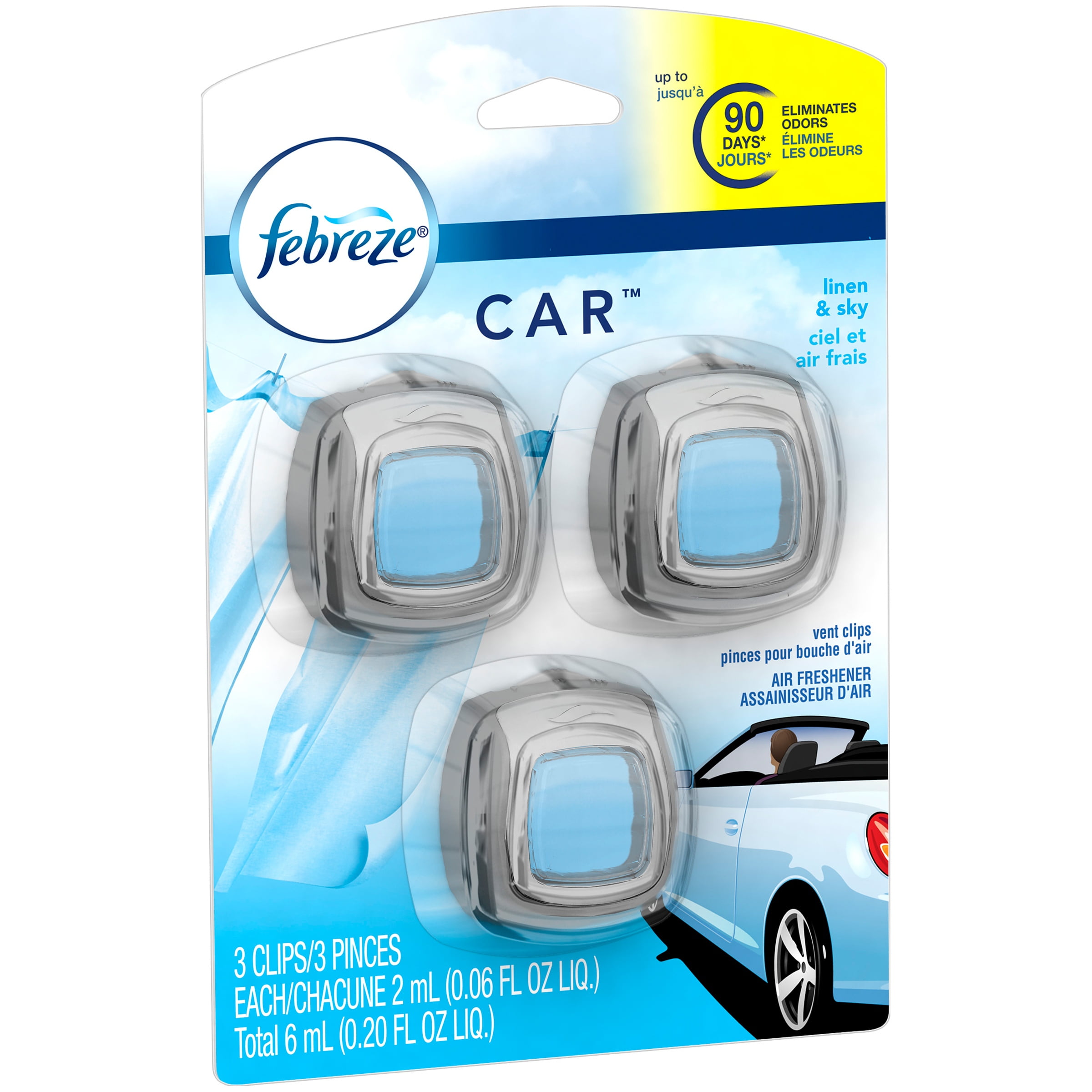 Febreze Car Odor Eliminating Air Freshener, Linen and Sky, 3 Count