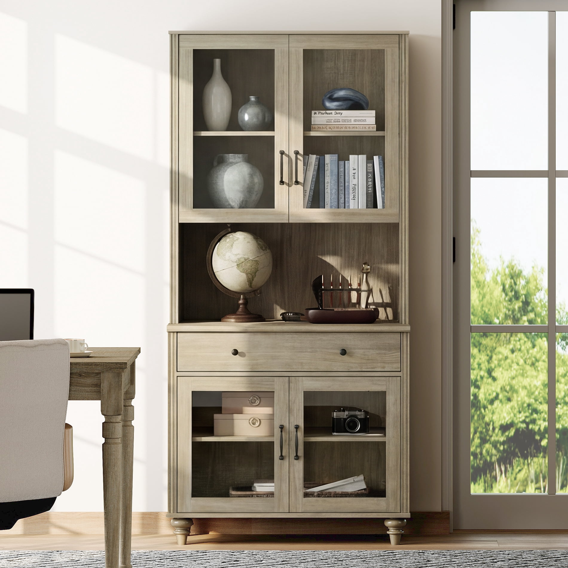 72"H x 33.9"W 5,ier Farmhouse Wooden Bookcase, Display Bookshelf with Glass Doors, Roomy Storage Cabinet & Wood Drawer, Library Book Shelf for Living Room, Office, Kitchen, Wash Gray