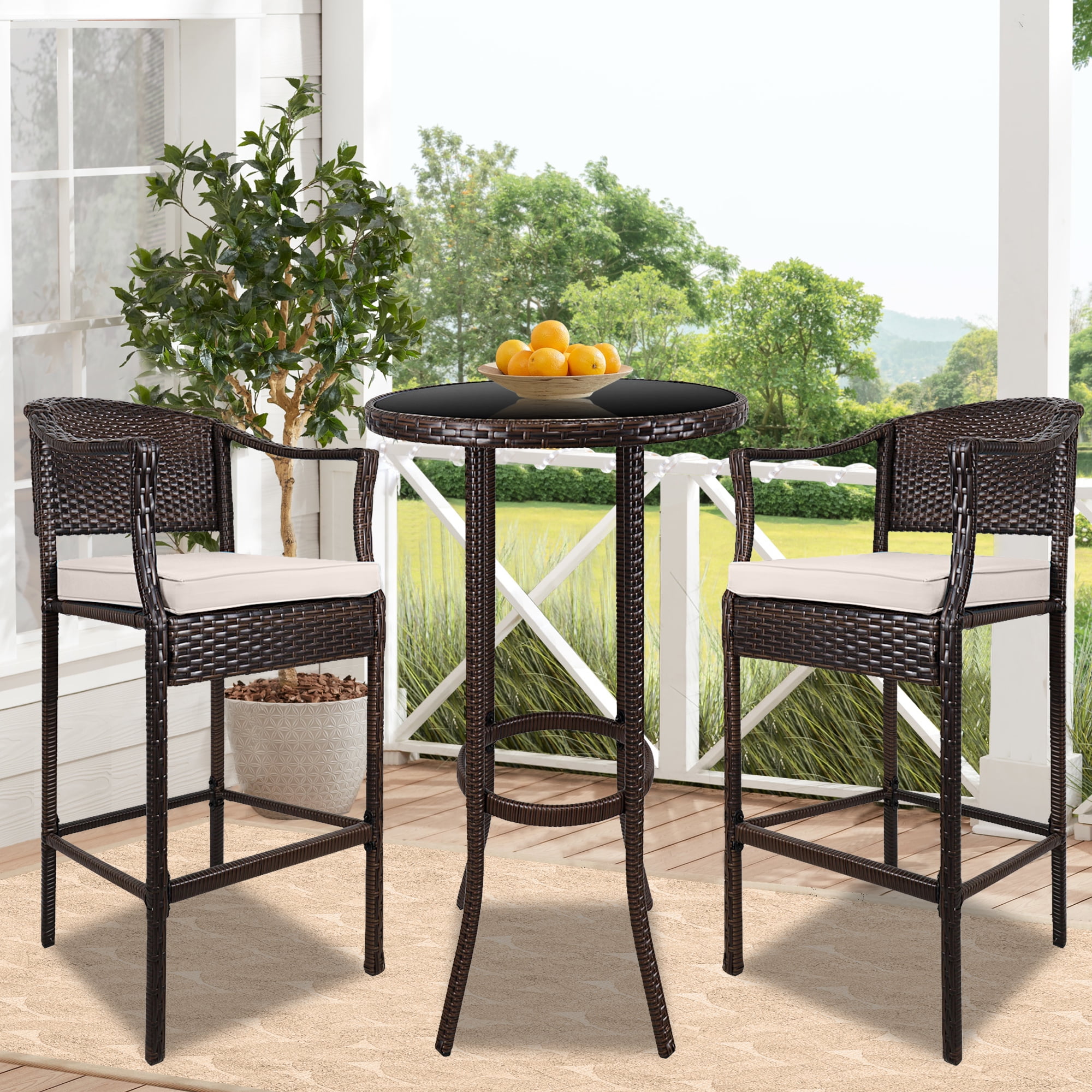 Indoor Outdoor Furniture Pub Patio Backyard Garden Tidyard 3 Piece Bar Set Counter Height Table and 2 Stool Chairs with Seat Cushion Dining Set Gray Poly Rattan Bistro Set for Bar 