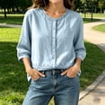 thumbnail image 6 of Ayolanni Scoop Neck Summer Women Blouses Cotton Linen Button Down Solid 3/4 Sleeve Blouse Textured Pockets Oversized Tees Summer Tops Blue L, 6 of 7
