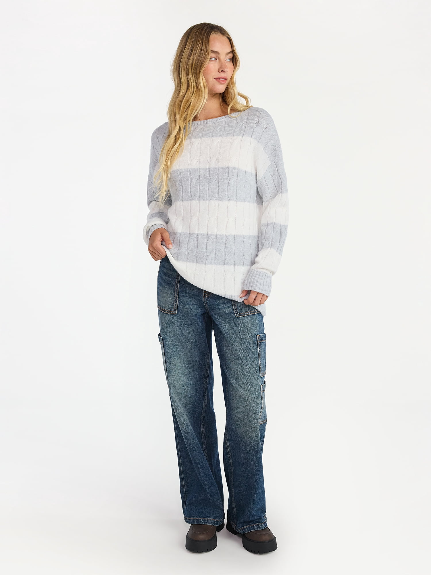 No Boundaries Boatneck Pullover Cable Knit Sweater, Lightweight, Women's