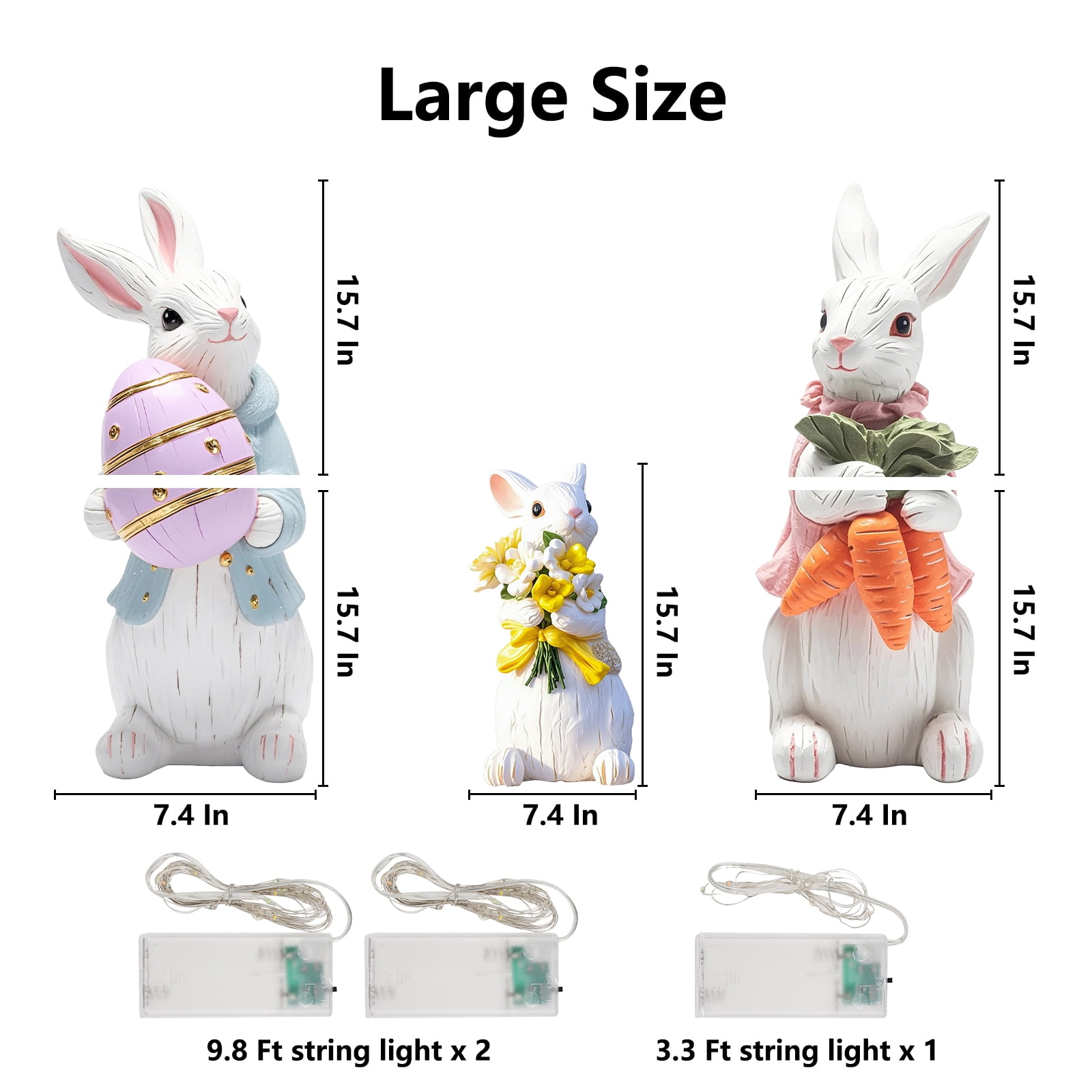 YIBAGA Easter Bunny Yard Signs Extra Large Easter Outdoor Decorations with Stakes with LED Lights 3pcs