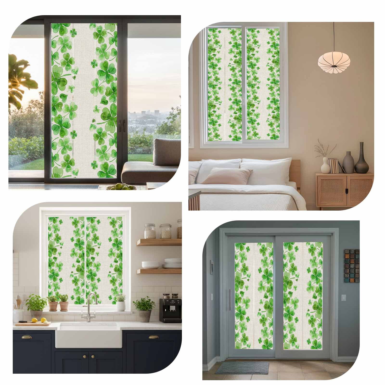 St. Patrick's Day Window Privacy Film, Watercolor Lucky Clovers Green Rustic Static Cling UV Sun Blocking Tint Film Heat Control Windows Films for Bedroom Bathroom, Window Stickers 23.6"x59"