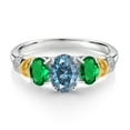 thumbnail image 2 of Gem Stone King 925 Sterling Silver and 10K Yellow Gold Oval Persian Blue Moissanite Green Nano Emerald and White Diamond 3 Stone Ring for Women (2.21 Cttw, Gemstone Birthstone, Size 8), 2 of 3