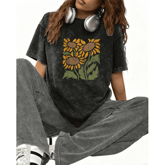 Women's Vintage Sunflower Cotton T Shirt Casual Top Retro Graphic Breathable Black S-2XL Plus Size