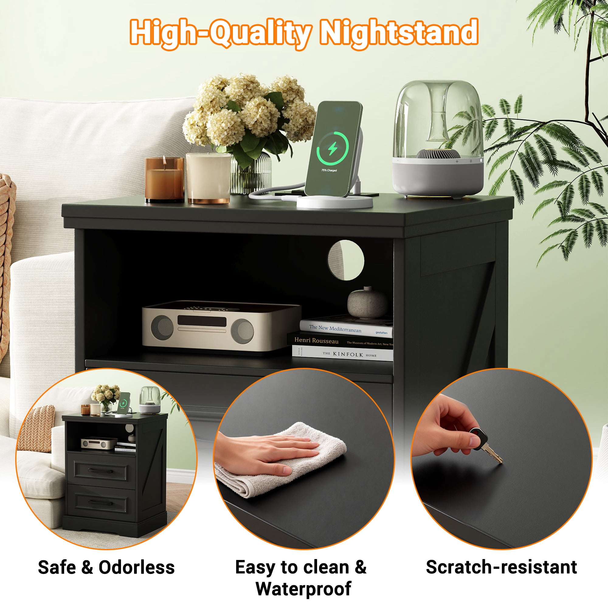 NEGYLIM 2-Piece Nightstand, Farmhouse End Table with Charging Station, 2 Drawers Storage for Bedroom, Black