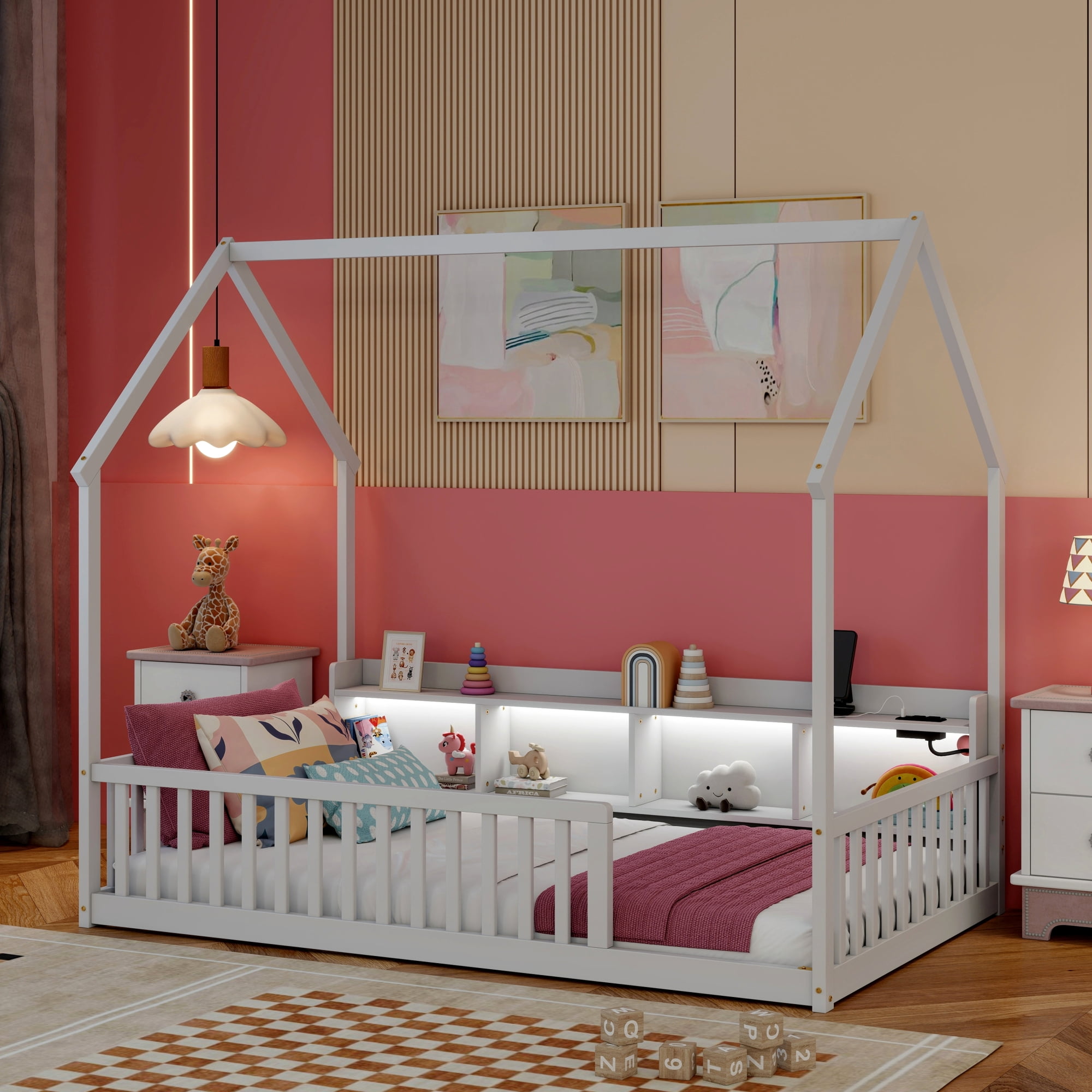 Leumius Twin Size House Floor Bed with Storage Shelves,Built-in LED Lights & Charging Station,Pine Wood Floor Bed Frame with Safety Guardrails for Kids Bedroom White