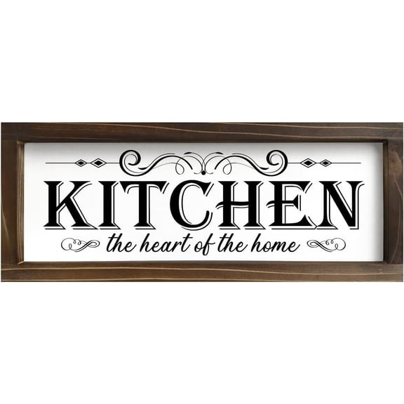 Kitchen Decor, Wood Kitchen Sign The Heart of The Home Wall Decor Rustic Farmhouse Wooden Framed Wall Art Plaque for Home Kitchen Cabinets Hanging Decorations (White-K, 5.5"x16.5")