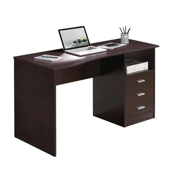 FurniFact Brown Wood Desk With 3 Storage Drawers And Shelf, Home Office Writing Table