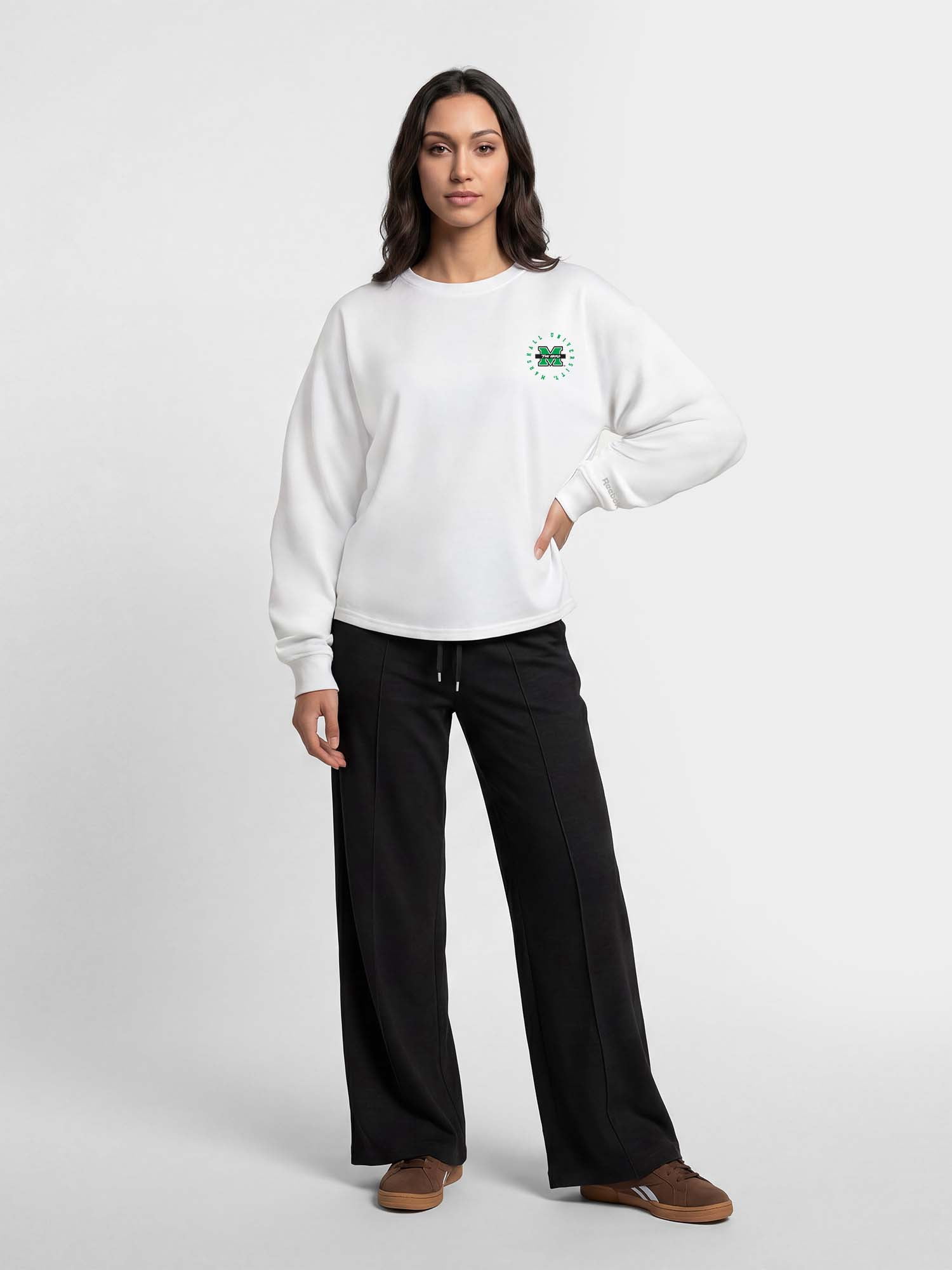 Marshall Thundering Herd Reebok Womens White Heavyweight Cotton Long Sleeve Pullover