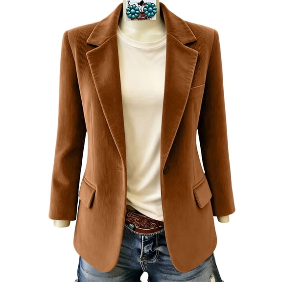 Sevevn Blazer Jacket for Women Notched Lapel Single Button Long Sleeve Slim Casual Work Suit Coat Brown L