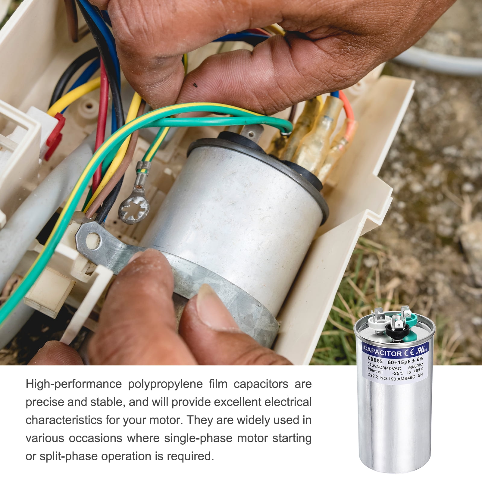 Uxcell 60+15MFD CBB65 Run Start Capacitor 60+15uF, 370/440V Round AC Capacitor for AC Motor Run, HVAC, Air Conditioner, Condenser Motors