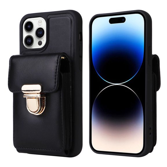 Haobuy for iPhone 15 Pro Wallet Case with Strap Lanyard Leather Crossbody Shockproof Purse for Women-Black
