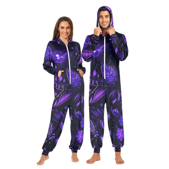 Mystical Purple Flowers and Animal Adult onesie Pajamas, Crystal Velvet Ultra Soft Warm Jumpsuit for Men and Women