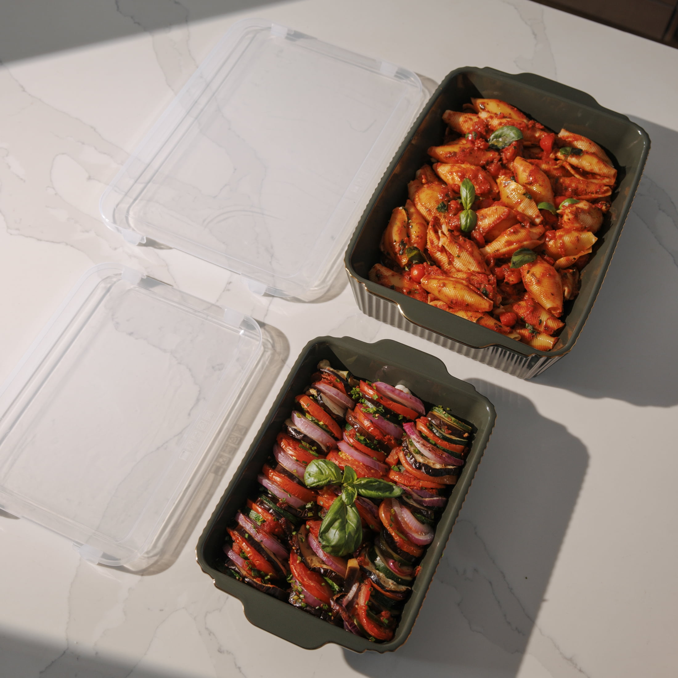 Thyme & Table 4-Piece Stoneware Bakeware Set, Includes Lids, 9"x13" , 7"x10" Bakers With Lids , Green Ribbed