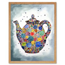 Colourful Teapot Folk Art Kitchen Art Print Framed Poster Wall Decor 12x16 inch
