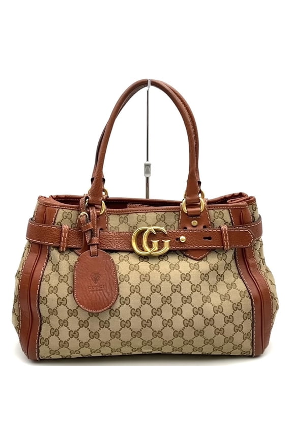 Pre-Owned GUCCI 247183 Tote Bag, Handbag, Shoulder GG Running Pattern, Canvas, Leather, Brown,...