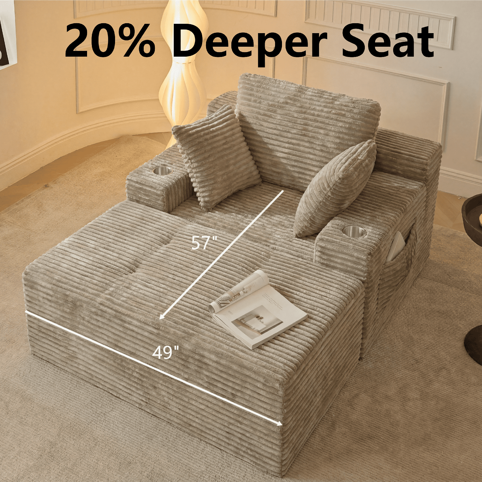 Cubente 67" Chaise Lounge Chair Indoor,Boneless Sofa Bed, Deep Seat Sleeper Couch Reading Chairs, Cloud Couches with Cup Holder & Side Pocket for Living Room, No Assembly Required