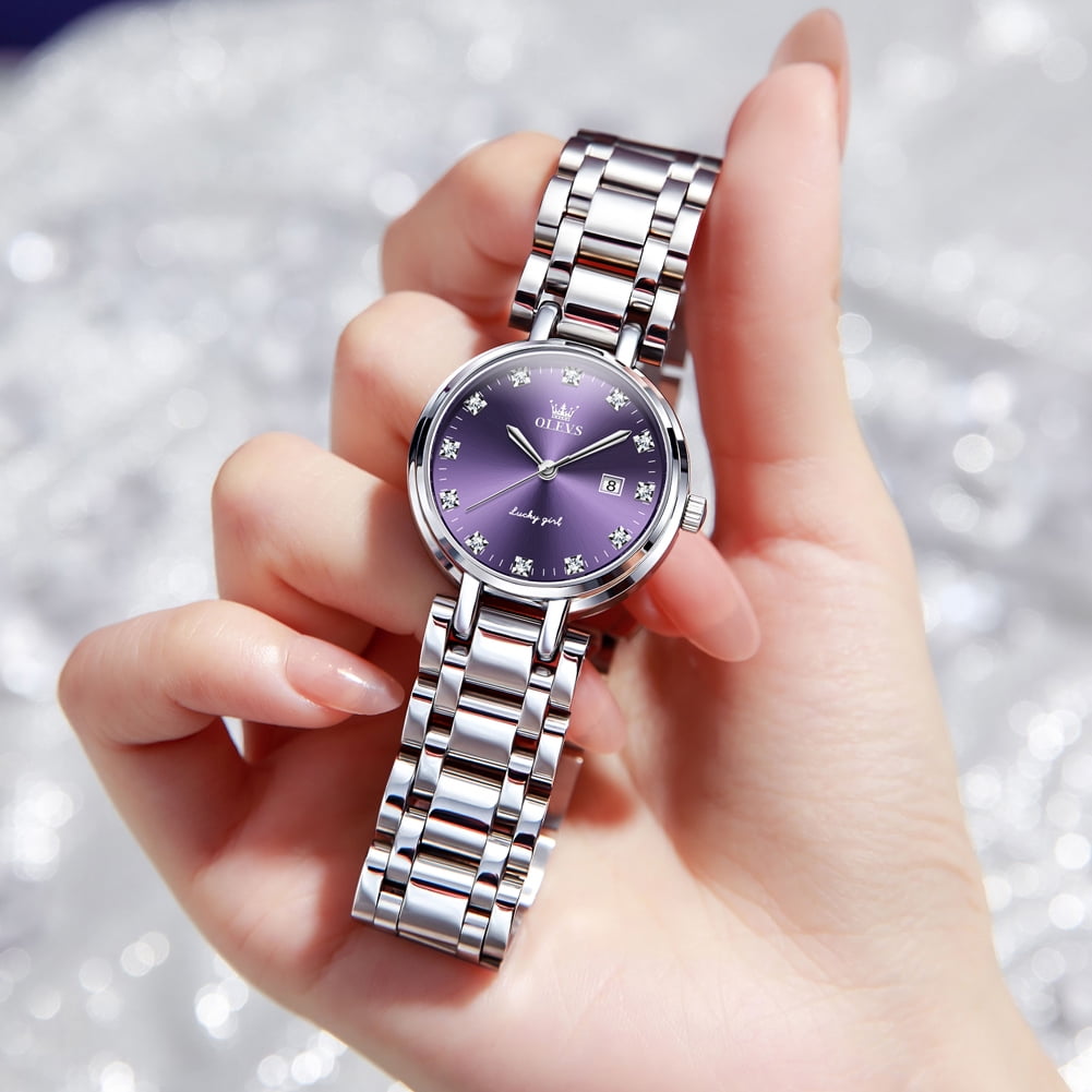 OLEVS Watches for Womens Analog Quartz Silver Strap Fashions Classic Dress Stainless Steel Date Waterproof Casual Ladies Watches Gift Womens Wrist Watches Reloj Para Mujer White/Pink/Purple