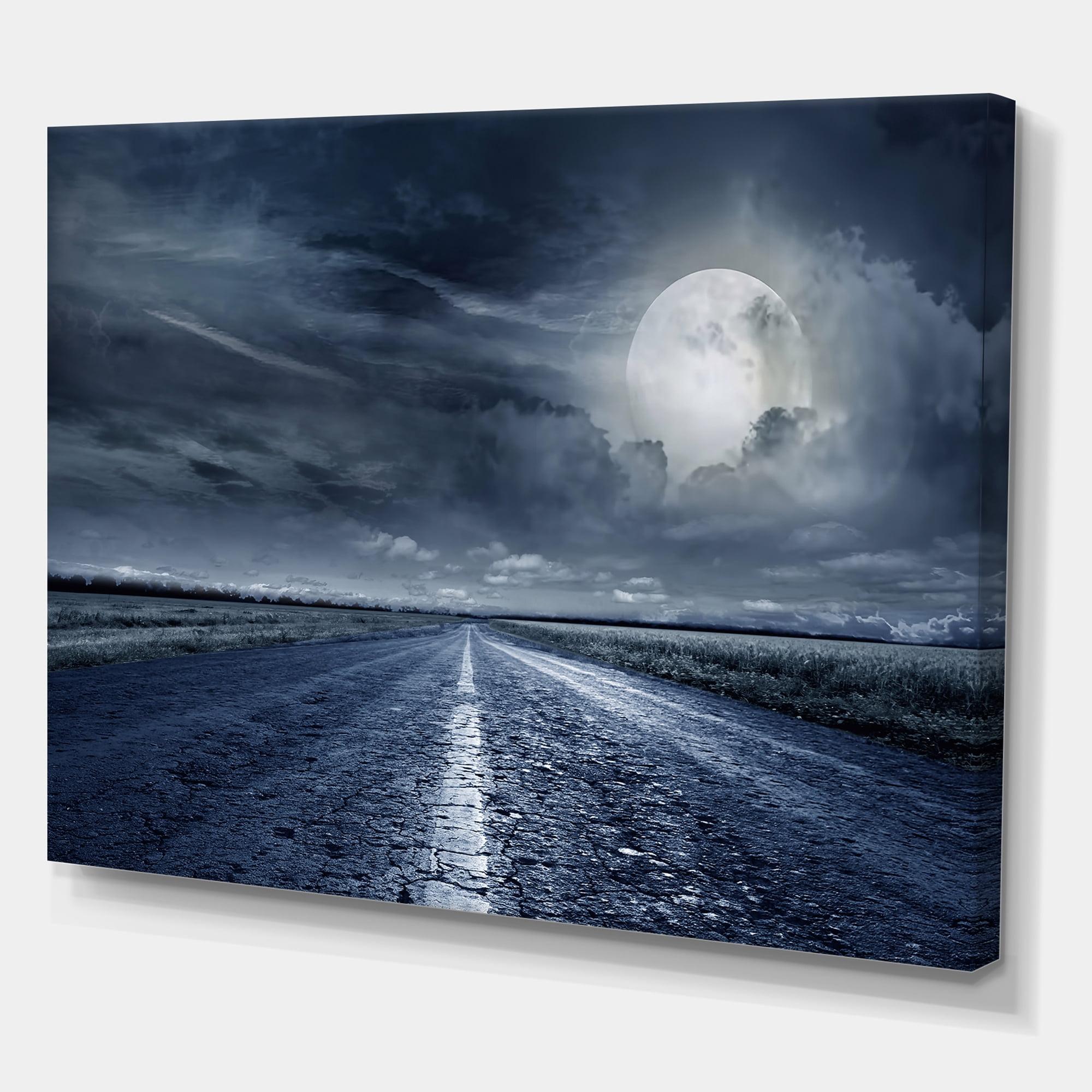 Designart ' Cloudy Full Moon Over Asphalt Road II ' Nautical & Coastal Canvas Wall Art Print