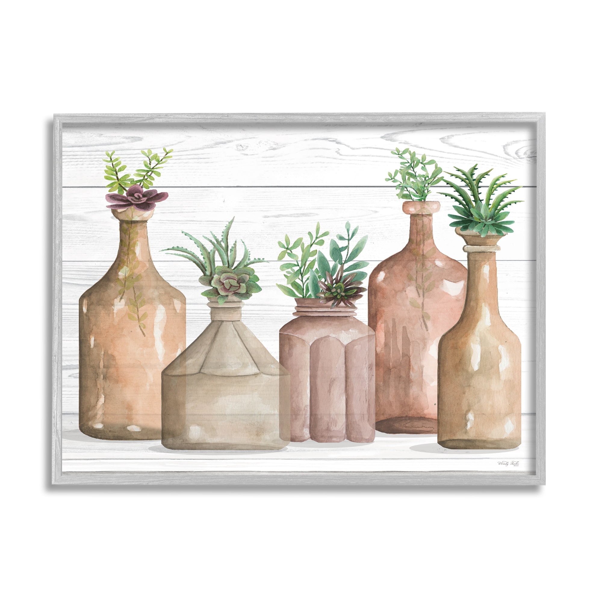 Stupell Industries Succulents Herbs Rustic Cottage Jars Leaves Arrangement Graphic Art Gray Framed Art Print Wall Art, Design by Cindy Jacobs