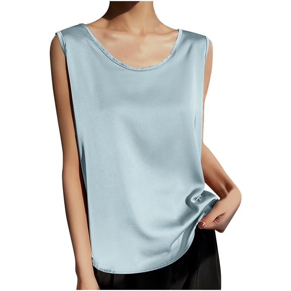 ibuvkizy Womens Silk Satin Tank Tops,Women's Spring Summer Solid Color Round-Neck Sleeveless Casual Shirt Top Light Blue,M