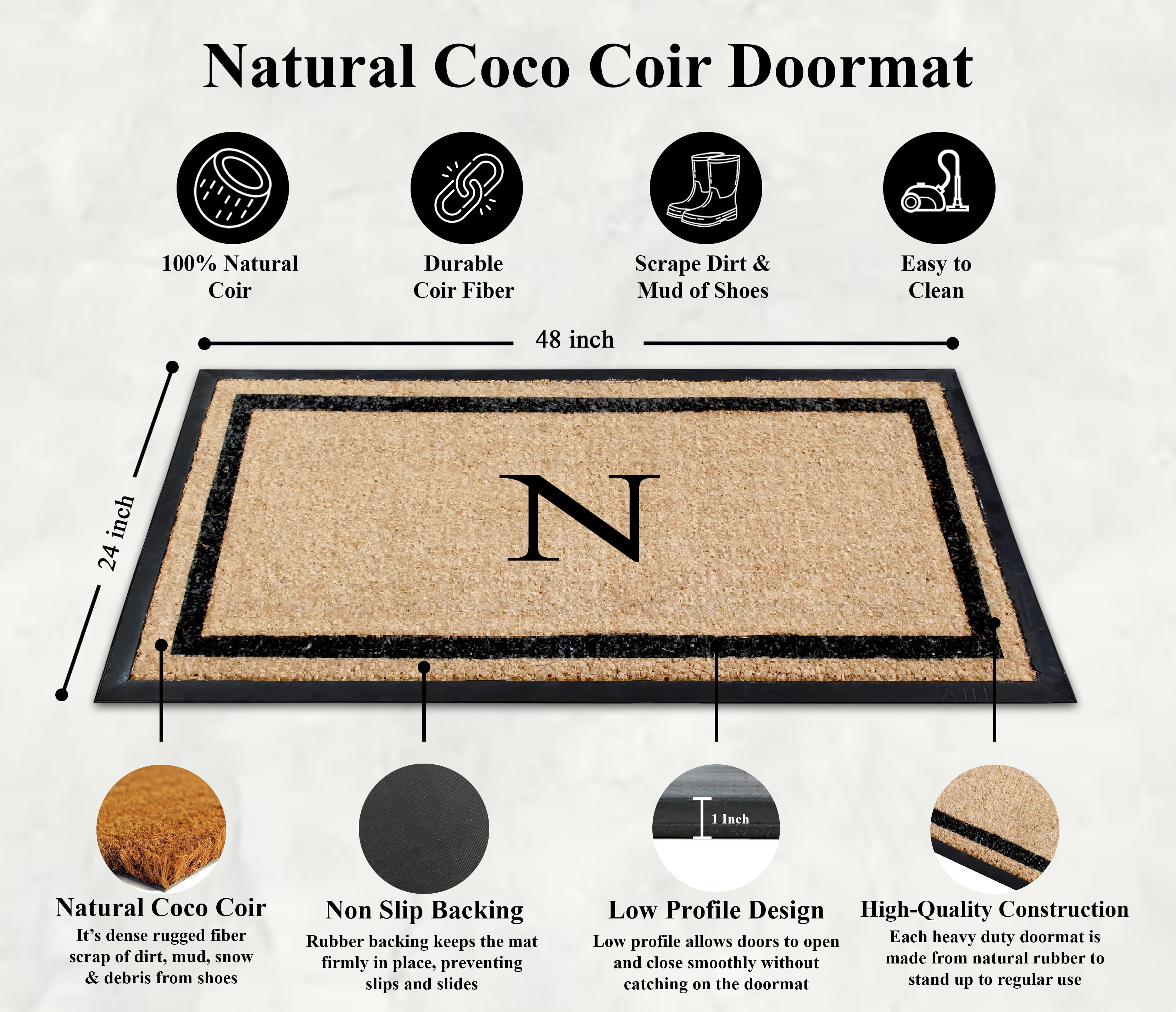 A1HC Rubber and Coir Door Mat Heavy Weight Large Entry Mat Outdoor Durable Monogrammed N Doormat 24"X48", Beige