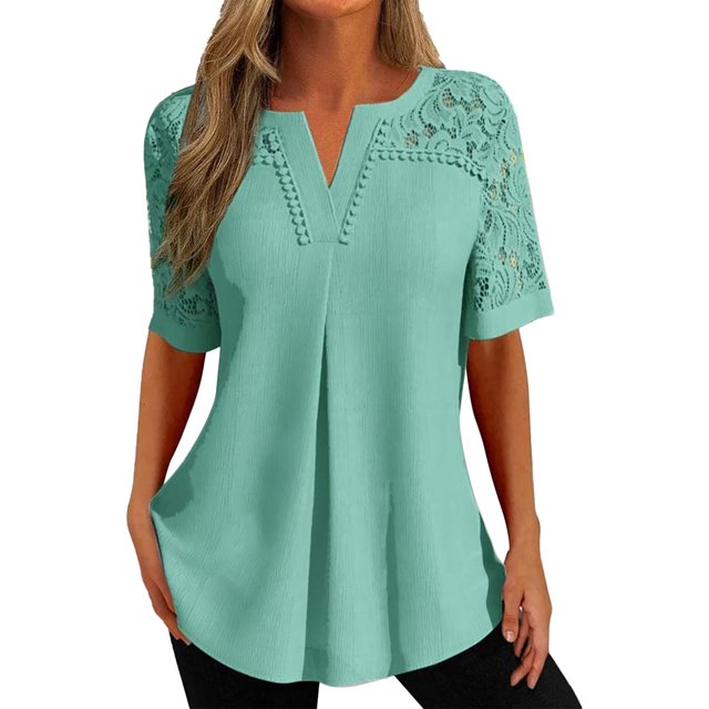 Gibobby Playeras Mujer Camisetas Cuello V Camiseta manga corta hueca encaje color a la moda y comodidad verano para mujer(Verde,CH)