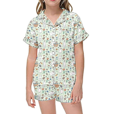 

2 Piece Outfits For Girls Beige 2 Piece Sets Pajamas For Kids Children Graphic Print Short Sleeve Button Shirt Shorts Pajama Set 10-11 Years