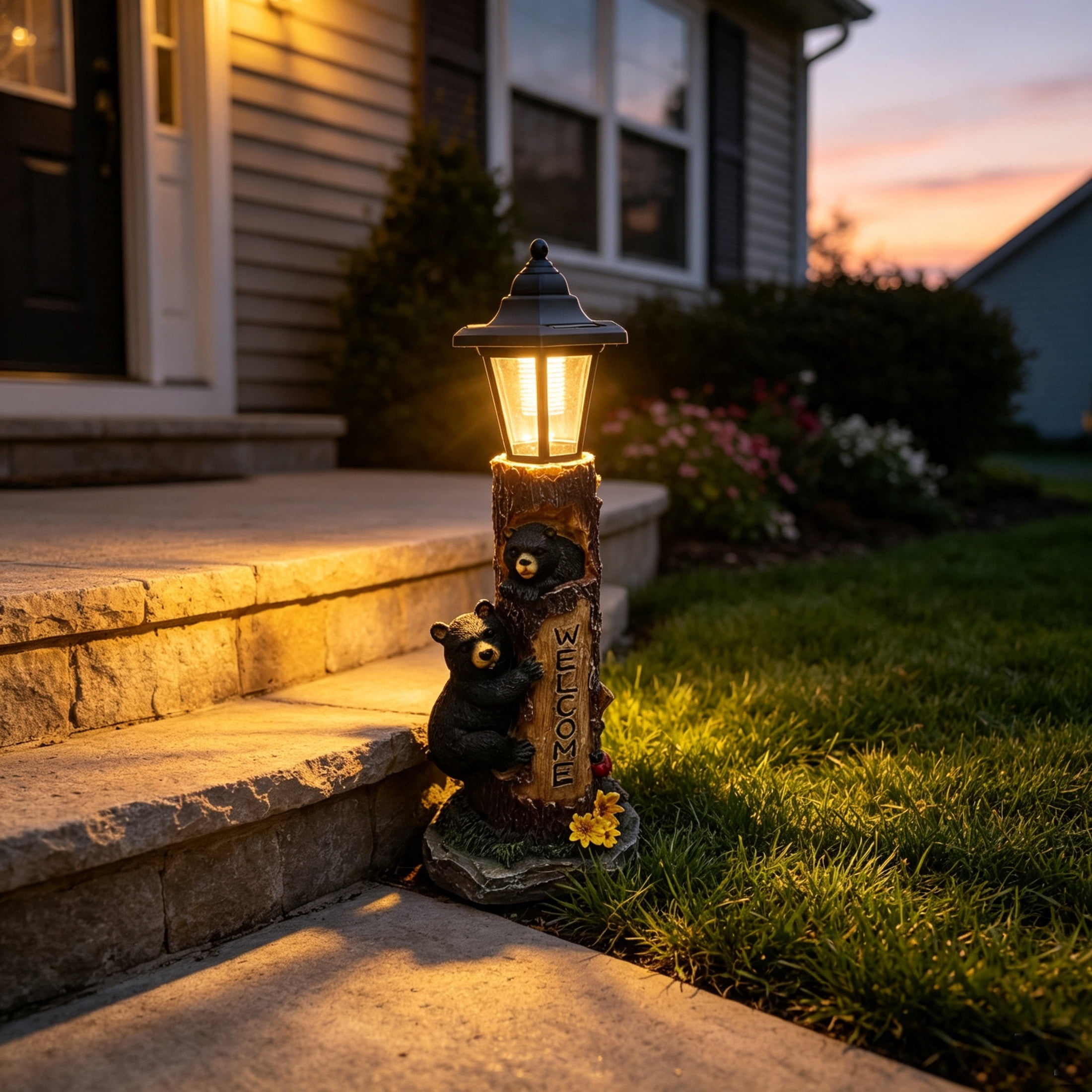 GDF Studio 18" Bear Family Tree Statue with Solar-Powered Light and Welcome Sign for Courtyard, Garden and Patio, Brown
