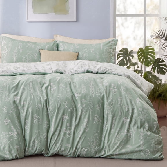 3 Pieces Sage Green Queen Size Comforter Sets, Cute Flowers Botanical Lightweight Soft Bedding Set with 2 Pillow Shams