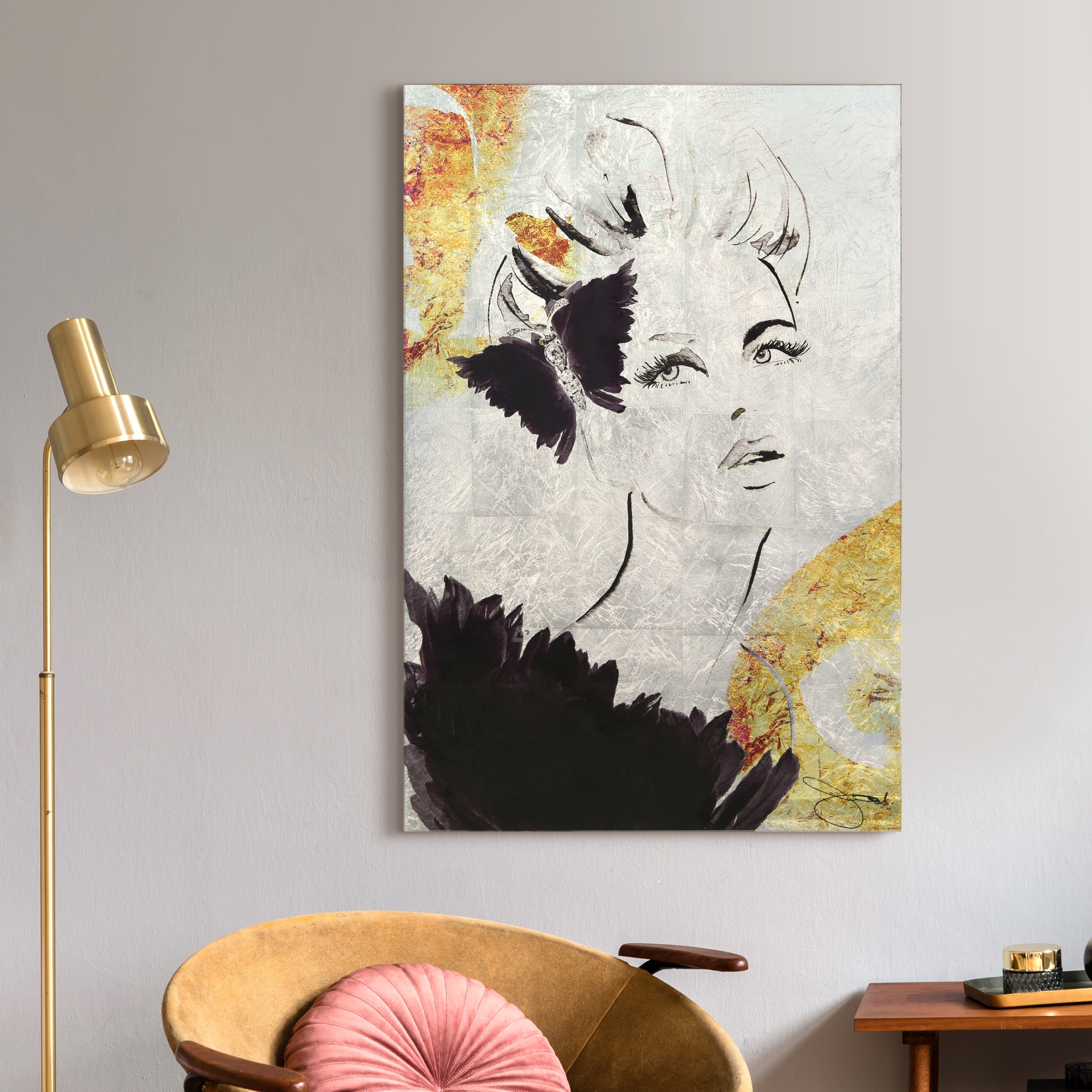 "Gold Woman 2" Reverse Printed Tempered Glass with Silver Leaf