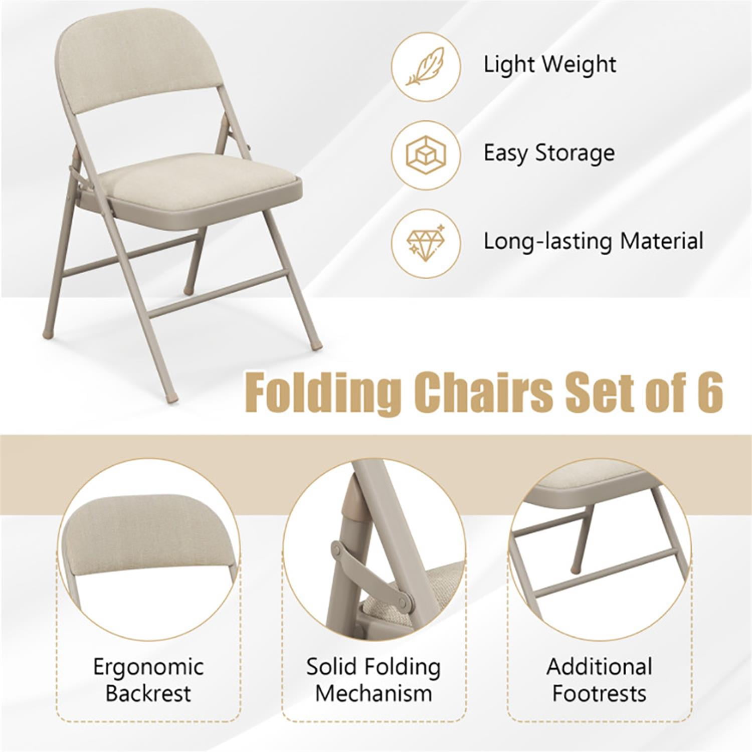 Demi Bonn Foldable Chair Set of 6, Folding Dining Chairs with Padded Seat Seat and Fabric Covered Backrest, Suitable for Home, Living Room and Dining Room, Beige