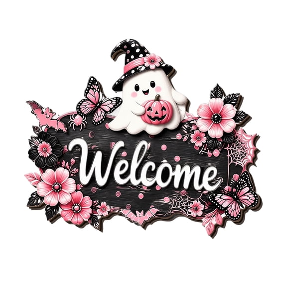 Halloween Welcome Sign Door Hanger, Cute Pink Ghost and Witch Hat Wooden Wall Decor with Pumpkin, Festive Halloween Decorations for Front Door Porch Party Display