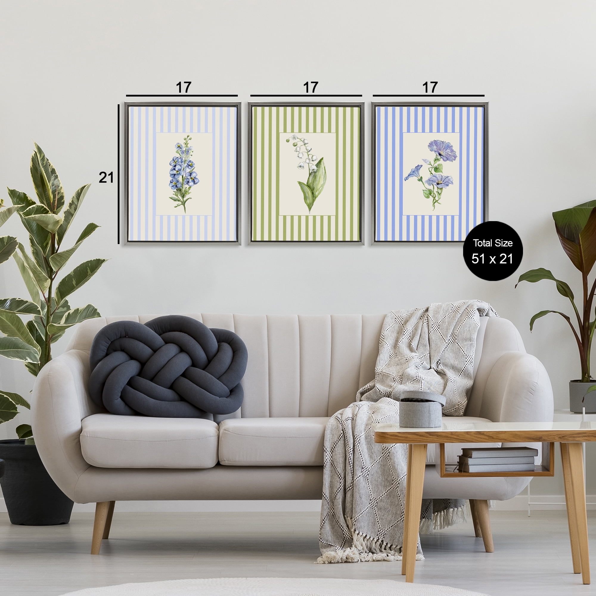 Soft Stripe Cottage Blooms 3 Piece Gray Framed Floater Canvas Set, design by Lisa Wehmeyer